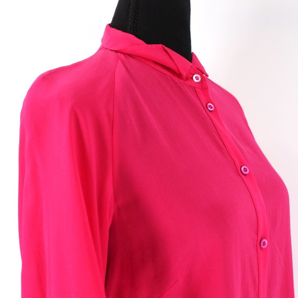 Valentino Hot Pink Silk Button Down Long Sleeve Blouse 42 Satin Shirt Small - Picture 2 of 8
